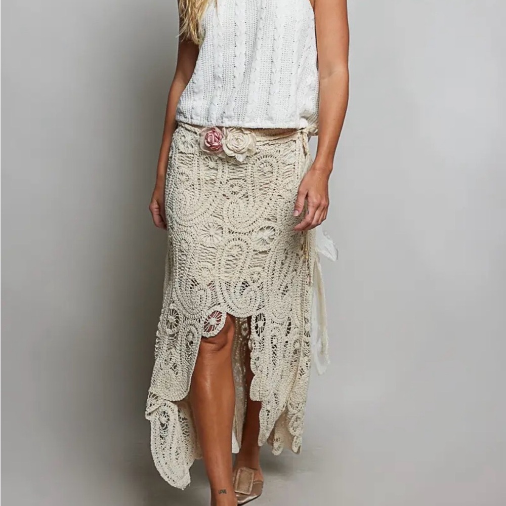 NWT POL Asymmetrical open-weave crochet cut out high low skirt w/privacy panel.